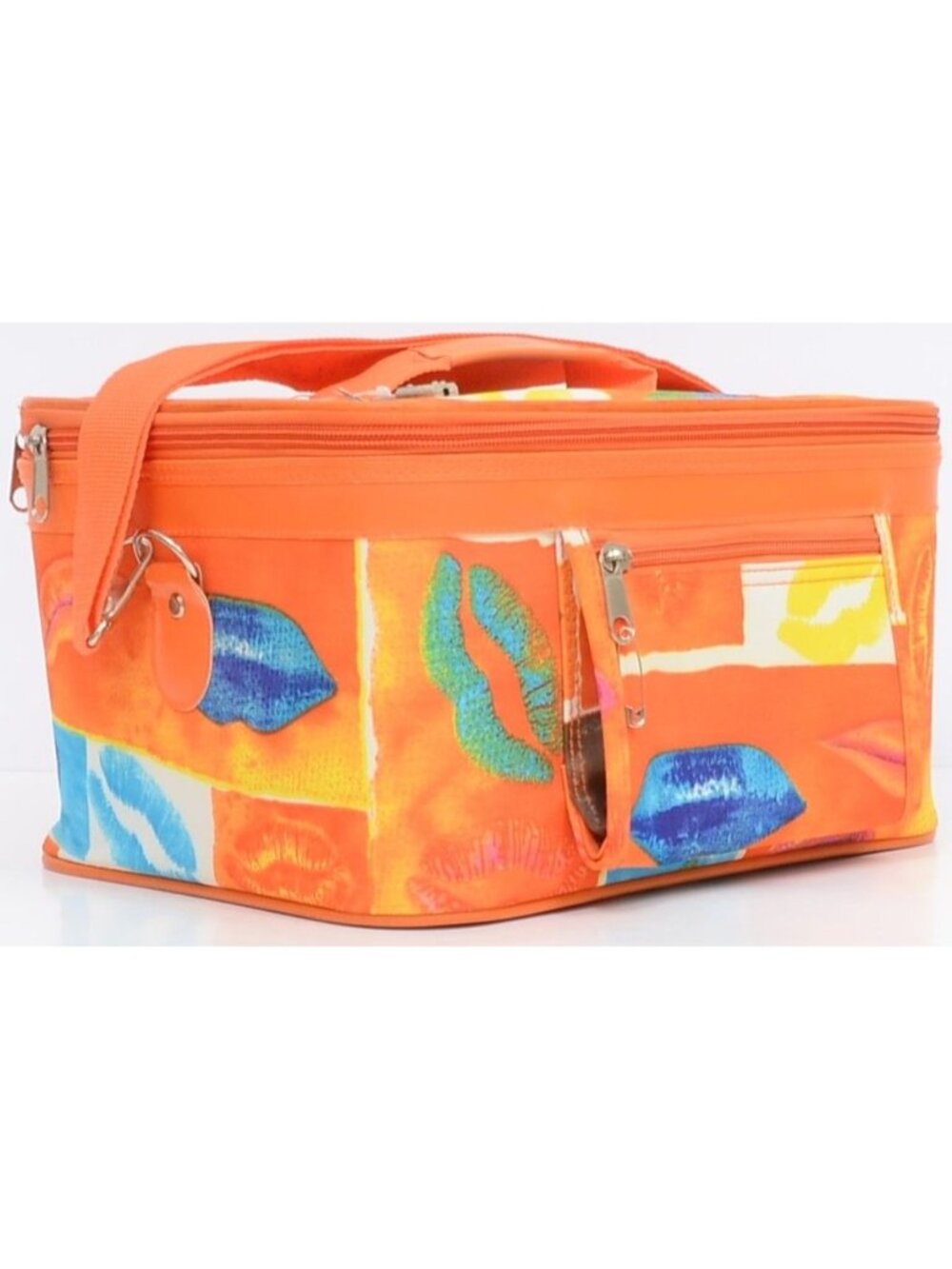 Funky! Orange Artsy Lips Train Case Makeup Cosmetics Crossbody Mirror Lock&Key